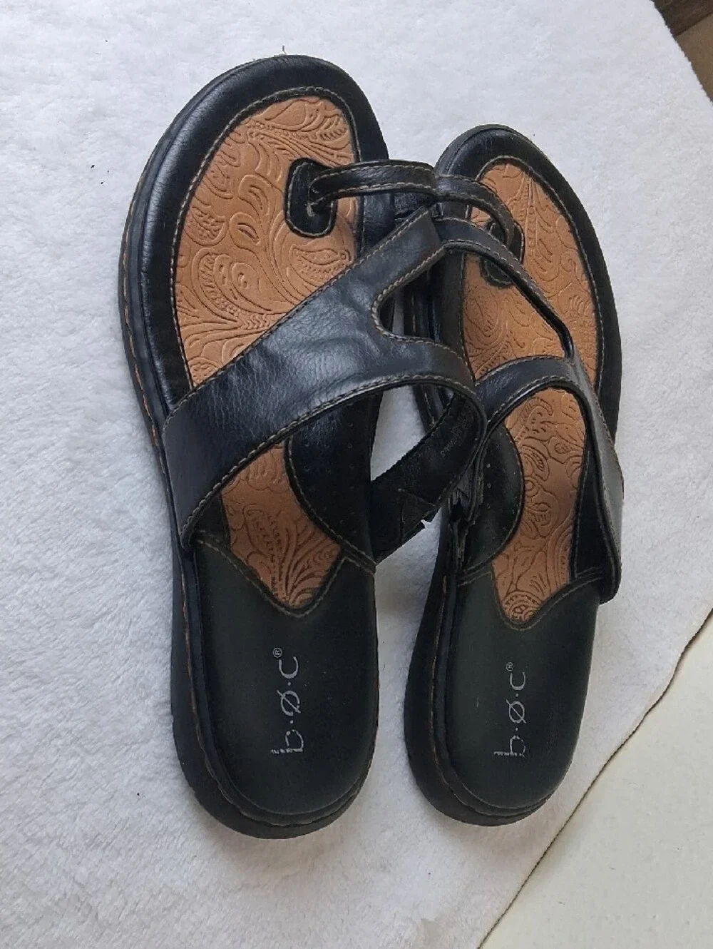 b.o.c. Black Slide Sandals with Tan Embossed Footbed